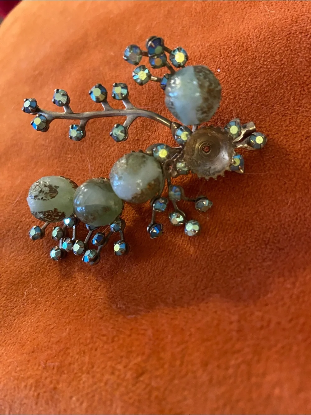 Vintage Green Bead and Aurora Rhinestone Floral Brooch
